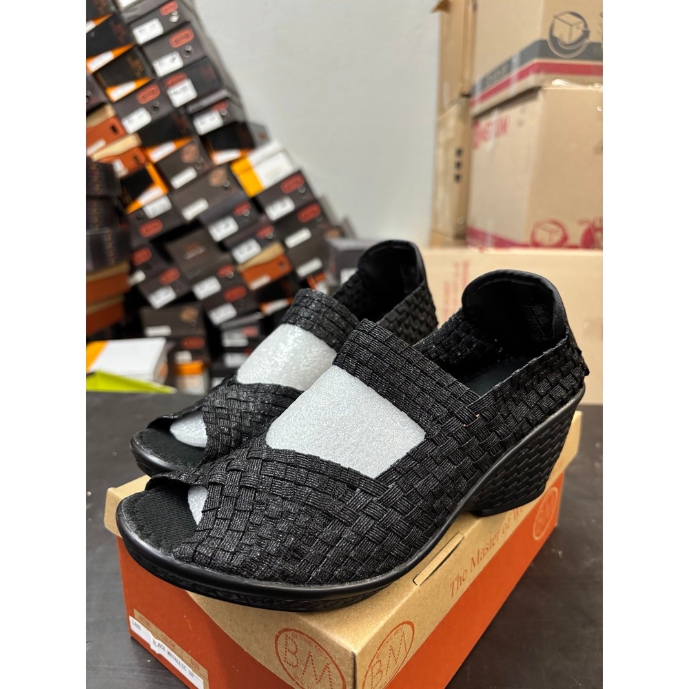 Bernie Mev Lane Black Metallic Woven Wedge Sandals Size 38 US 7.5-8 NEW